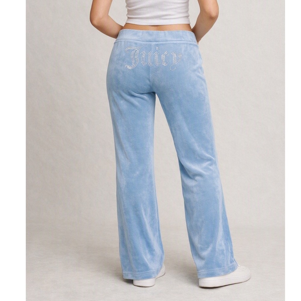 Juicy Couture Velour Track Pants Blue Rhinestone Logo McBling Y2K Flare Lounge M